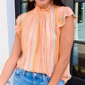 THML Women Medium Freeport Woven Striped Flutter Sleeve Embroidered Top Peach
